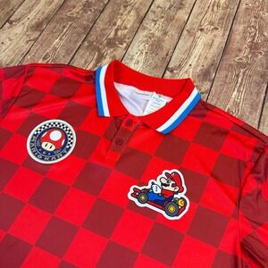 Nintendo Mario Kart Polo Shirt Mens Small Red Checkered Racing Patches NWT